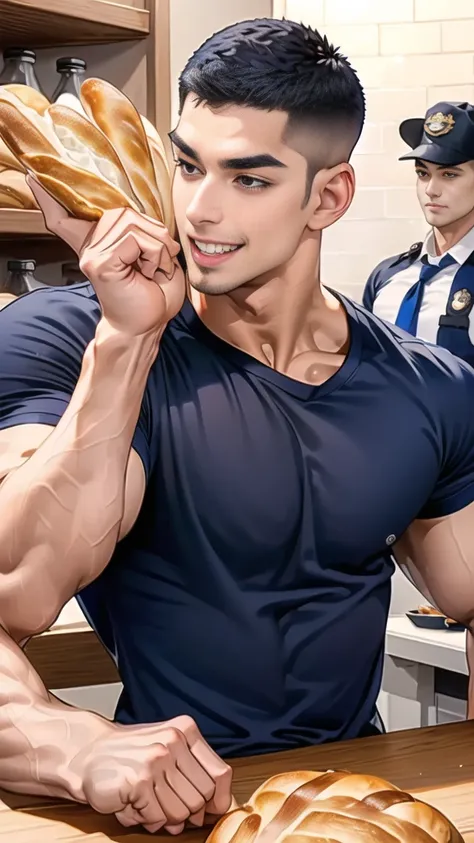 (handsome Man sitting on table eating bread ),(crew cut short hair:1.8),black eye,(Wear a fitted round neck t-shirt in navy with a police badge.:1.5),(fit neck),Navy blue jeans,(black_gloves:1.2), Korean guy,chest muscles,large arm muscles,blood vessel,Big...