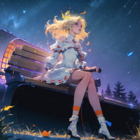 Abandoned station. A girl walking alone on the railroad tracks. The wind messed up her hair.，Anime girl with light blonde hair，With light blue eyes，Wearing an off-the-shoulder dress with puff sleeves，Sitting in the woods，Next to it is an orange mushroom，Su...