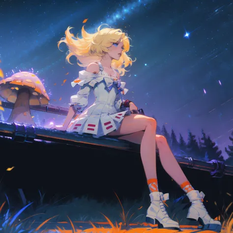 Abandoned station. A girl walking alone on the railroad tracks. The wind messed up her hair.，Anime girl with light blonde hair，With light blue eyes，Wearing an off-the-shoulder dress with puff sleeves，Sitting in the woods，Next to it is an orange mushroom，Su...