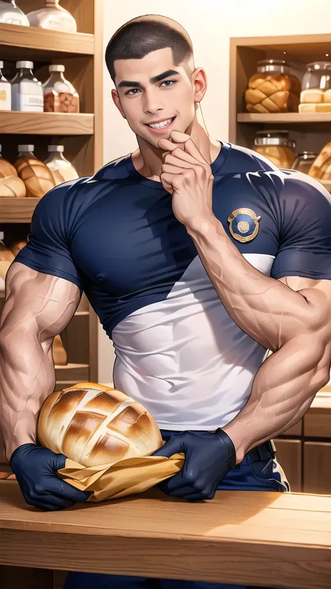 (handsome Man sitting on table eating bread ),(crew cut short hair:1.8),black eye,(Wear a fitted round neck t-shirt in navy with a police badge.:1.5),(fit neck),Navy blue jeans,(black_gloves:1.2), Korean guy,chest muscles,large arm muscles,blood vessel,Big...