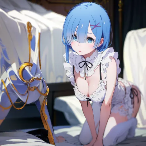 (Masterpiece, highest quality), 1 girl, face close-up, (from the front: 1.2), (on all fours: 1.2), (looking down: 1.2), nightgown, (Good: 1.2), breast gap, middle breasts, down blouse, Bra visible, bending forward, on bed, blue hair, medium breasts (C Cup)...