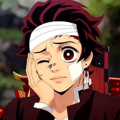 Boy with dark red hair  with bandages and with white square bandage  with hanafuda earings wearing haori hands touching left side of face with winking box in the back with dark red eyes