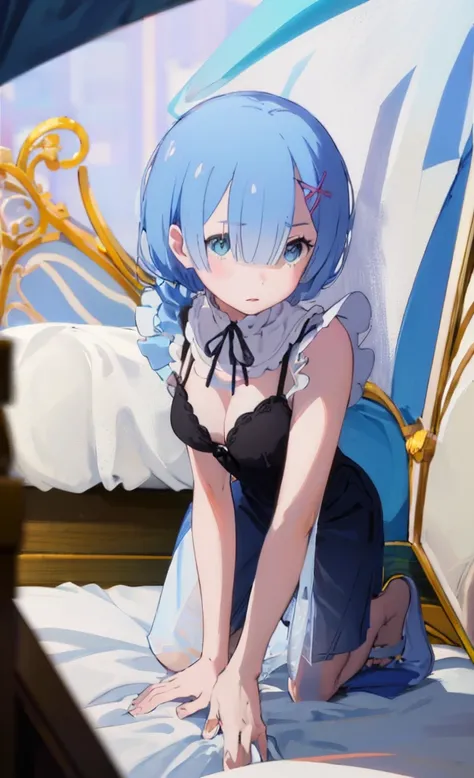 (Masterpiece, highest quality), 1 girl, face close-up, (from the front: 1.2), (on all fours: 1.2), (looking down: 1.2), nightgown, (Good: 1.2), breast gap, middle breasts, down blouse, Bra visible, bending forward, on bed, blue hair, medium breasts (C Cup)...