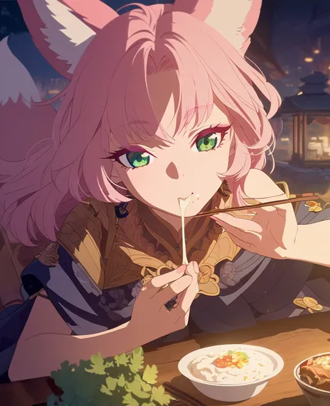 beautiful detailed eyes, beautiful detailed lips, extremely detailed eyes and face, long eyelashes, 1girl, a little kitsune, pink hair, green eyes, sitting at a table, eating, fantastical environment, best quality, fantasy art