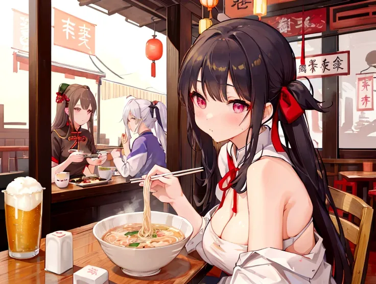 A cute student in underwear eats Chinese food with gusto、Big boobs and small boobs、White bra with thin cute ribbon、White underwear with thin cute ribbon、Large serving of salt ramen, fried rice and gyoza set meal、Beer in a mug、