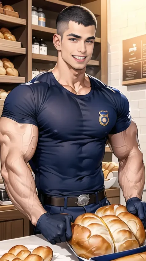 (NSFW: 1.5), (handsome Man sitting on table eating bread ),(crew cut short hair:1.8),black eye,(Wear a fitted round neck t-shirt in navy with a police badge.:1.5),(fit neck),Navy blue jeans,(black_gloves:1.2), Korean guy,chest muscles,large arm muscles,blo...