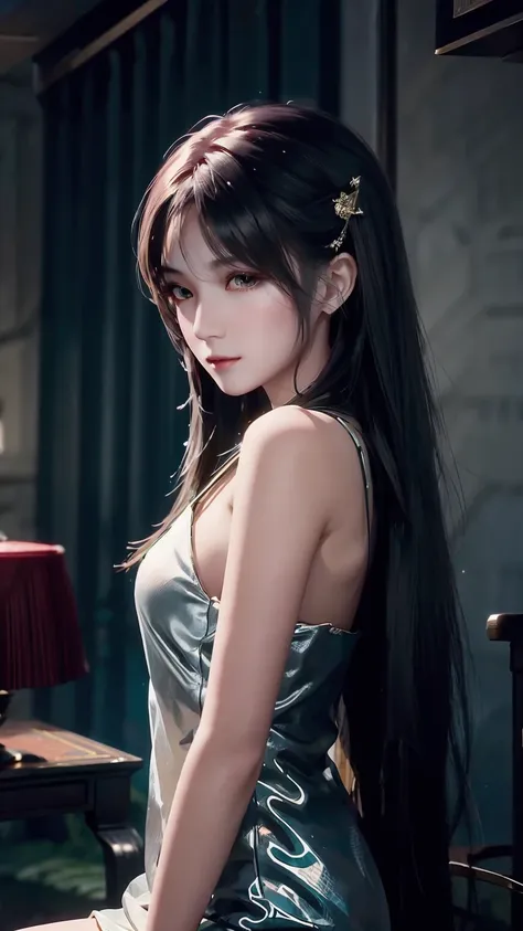 ((gufeng, Bare shoulders)),(masterpiece, best quality:1.2), 1 Girl, Solitary, Deep in Wonderland，Moonlight falls like water，Foggy Room，The heroine&#39;s figure is vaguely visible，Like a fairy in a painting，Slender sexy legs，Very beautiful legs，Leaking sexy...