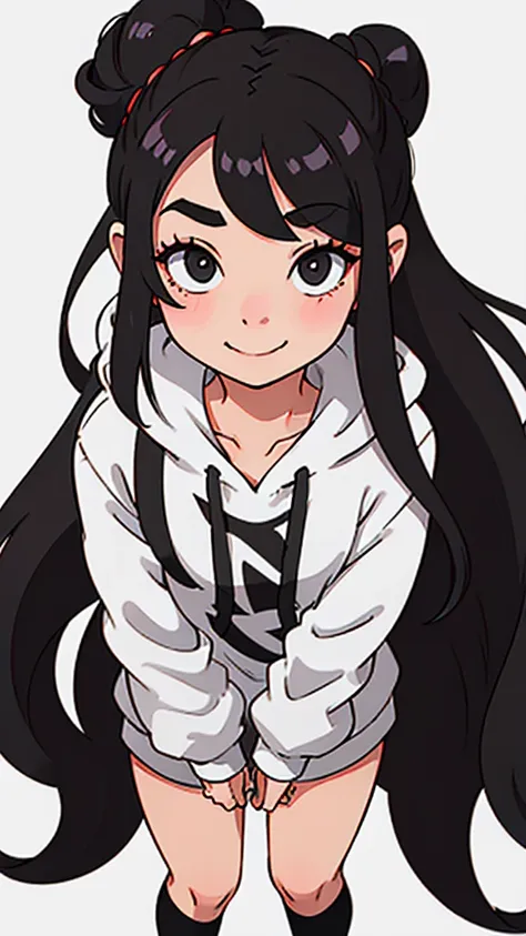 cute girl with long black hair in a bun wearing an oversized grey hoodie smiling shyly. White background. fullbody. no clipping. 