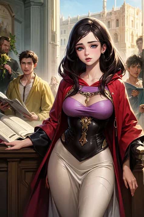 A detailed illustration of dark-haired Lily Collins in a hoodie and medieval dress, Soft and bright, HD Art by Greg Hildebrand, Liu Citemar, Sejic Stepan, Sanyang, Aikut Aidgudu, Justin Gerard, Alphonse Mucha, art gelm, WLOP and Greg Rutkowski