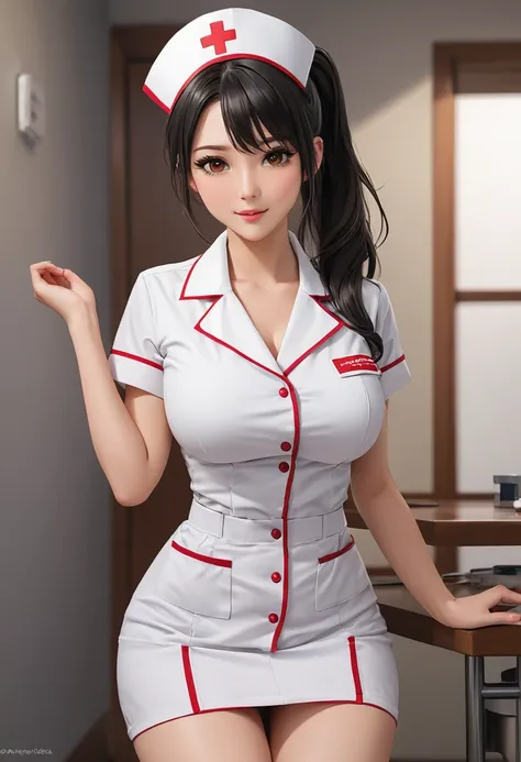 ((Highest quality)), ((masterpiece)), (detailed), One girl, sexy, Large Breasts, Small waist, Resting on the hips with their hands, Wink, Black Hair, Brown eyes, nurse, mini skirt, ponytail