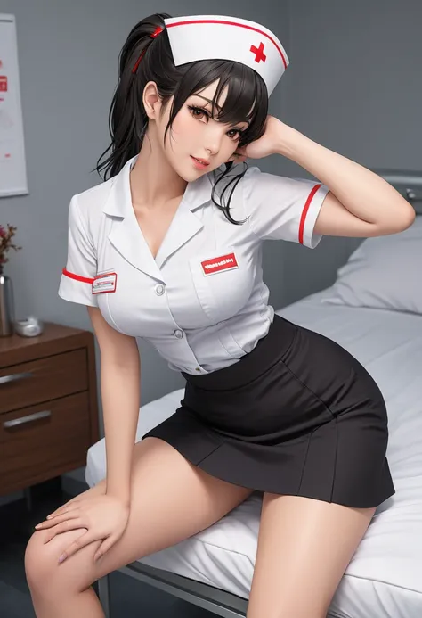 ((Highest quality)), ((masterpiece)), (detailed), One girl, sexy, Large Breasts, Small waist, Resting on the hips with their hands, Wink, Black Hair, Brown eyes, nurse, mini skirt, ponytail