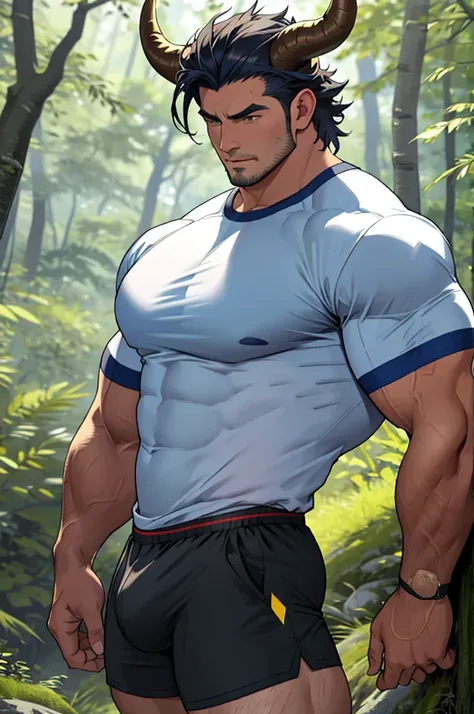 very muscular bull man, big breasts, tight shirt, small horns and bull ears, long bull tail, tight shorts showing bulge, man in forest, sexy bull man