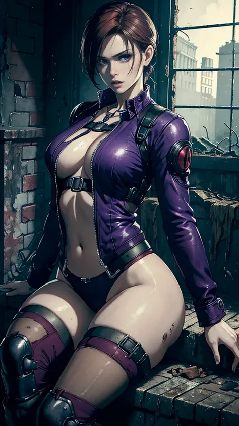 Best Quality, Masterpiece ,a beautiful girl,((Claire Redfield)), beautiful, ultra realistic,All the details, high resolution, (((Desire for dissatisfaction))), nod, looking to the side, attractive, beautiful, ((wearing a purple suit)), ((((Mind control dev...