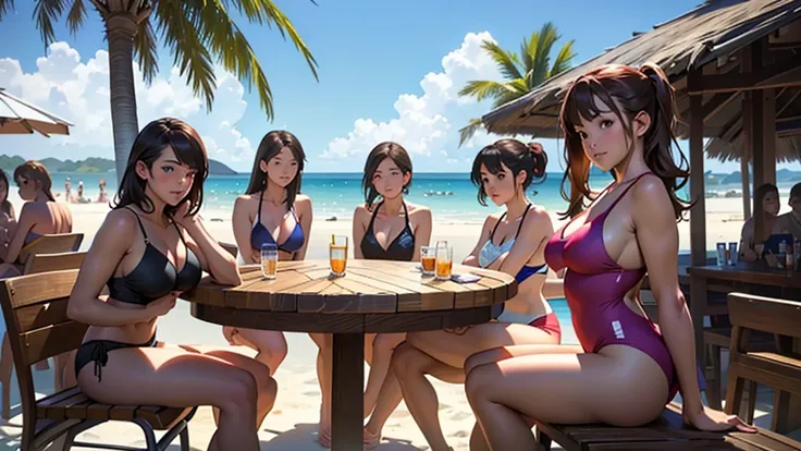 (very detailed, 4k, photorealistic),(camera shot from the front, half body shot), (7 pretty girls facing viewer in different swimsuits), (crowded beach bar scene), sitting facing away from the viewer, sexy bums, girls leaning back against the bar.