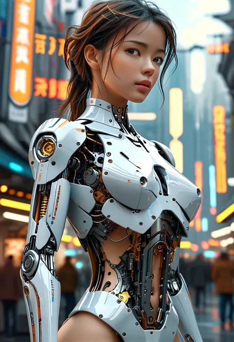 a beautiful woman-robot standing in a futuristic city backdrop, detailed intricate mechanical parts seamlessly blended with a slender, graceful humanoid form, magnificent anatomy and physique, 1/2 body crop, (best quality, 4k, 8k, highres, masterpiece:1.2)...