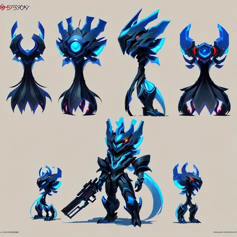 two characters with large eyes and a couple of other small figures, some that have different designs, pokemon (creature), no humans, Video game character concept, Concept Mysterious Pokémon, concept creature character art, game character concept art, video...