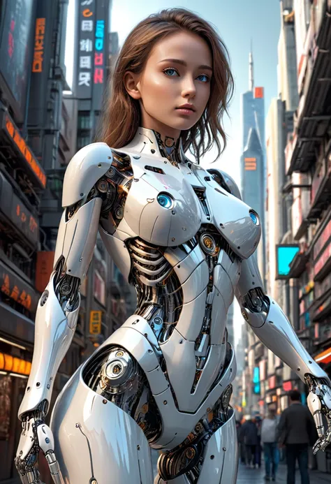 a beautiful woman-robot standing in a futuristic city backdrop, detailed intricate mechanical parts seamlessly blended with a slender, graceful humanoid form, magnificent anatomy and physique, 1/2 body crop, (best quality, 4k, 8k, highres, masterpiece:1.2)...