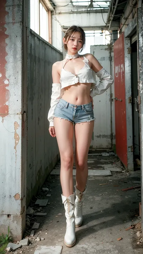 masterpiece,highest quality,High resolution,Full Body View,White jacket,Red innerwear,Belly button,Belted denim mini shorts,The heroine in white cowboy boots,Perfect Legs,Perfect Skin,Perfect Arms,Abdominal muscles,The background is an abandoned factory, s...