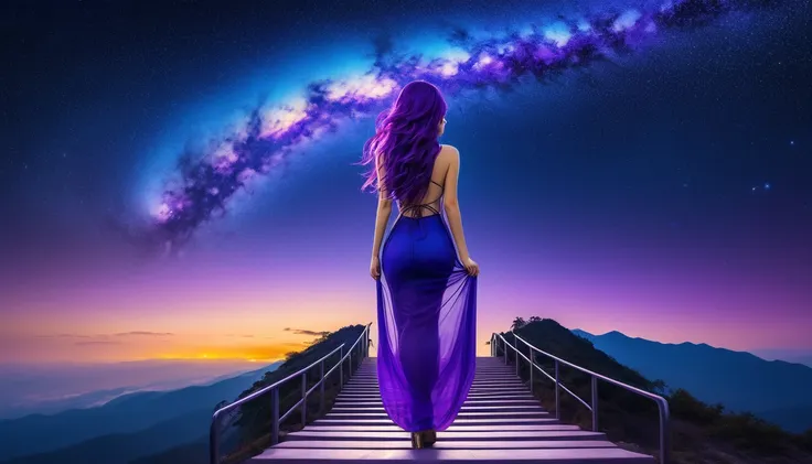 hdr, best image, 8k, image in dark neon blue, and violet, a beautiful woman, seen from behind, long purple hair, wide ramp of st...