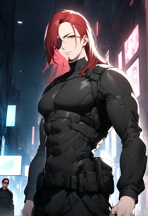 (masterpiece, 32k, 8k, cgi) man, 34 years old, red hair, brown eyes, eye patch over one eye, cyberpunk hair, black swat uniform,...