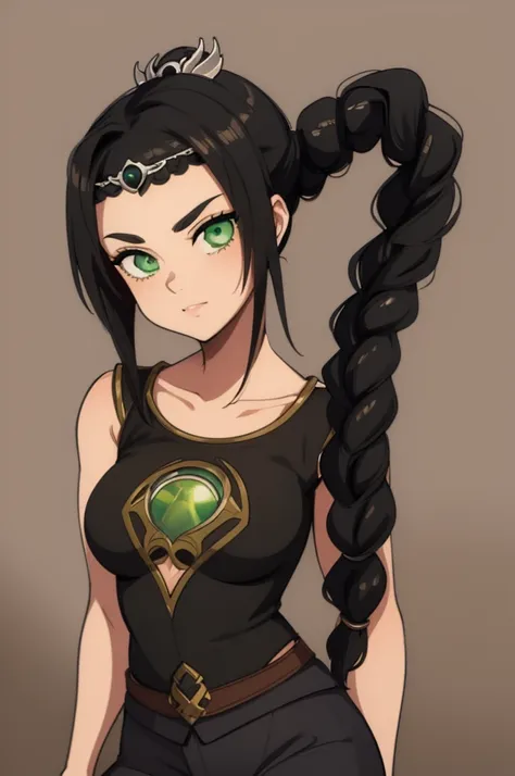 (masterpiece, best quality), 1girl, shadowheart, black hair, braided ponytail, green eyes, circlet, black pants, closeup, sketch...