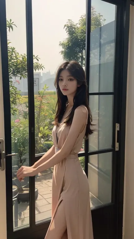 1 Girl,Standing in front of the window,Soft Light,Chinese Beauty,dress,Dark-haired,Length of hair