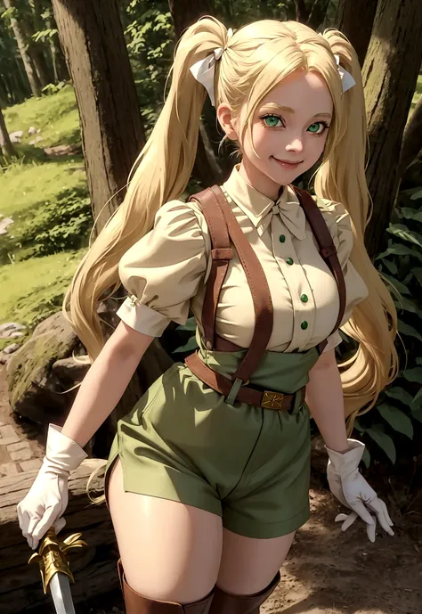 30-year-old anime woman, blonde hair in pigtails, green eyes, tender and smiling expression, long explorer-style shorts with beige suspenders, short-sleeved white blouse, red ribbon in her hair, beige leather gloves, dark beige, in forest leather boots tha...