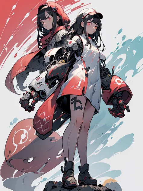 long hair, mushroom hair, black hair, Red eye, white dress, full body, mechanical right arm, mechanical left leg