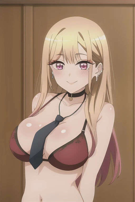 marin, 1girl, solo, long_hair, looking_at_viewer, smile, bangs, blonde_hair, red_eyes, jewelry, closed_mouth, collarbone, upper_body, multicolored_hair, earrings, necktie, indoors, pink_eyes, eyelashes, makeup, black_choker, parody, anime_coloring, big_tit...