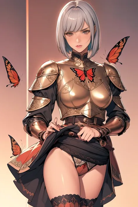 {best quality}, {very aesthetic}, {ultra-detailed}, {best illustration}, masterpiece,(((skirt lift:1.5))),((show off red color butterfly panties)),garter belt:1.2,((Holy Knight)), Smooth breastplate, ((Armor made from black copper))、((((Extremely detailed ...