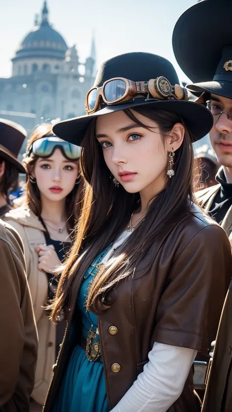 steampunk, hat, brown_hair, looking_at_viewer, jewelry, earrings, goggles, outdoors, multiple_girls, multiple_boys, aircraft, bl...