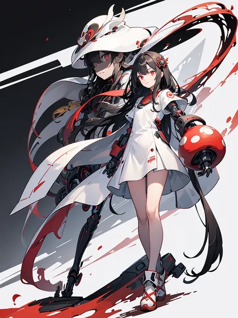 long hair, mushroom hair, black hair, Red eye, white dress, full body, mechanical right arm, mechanical left leg