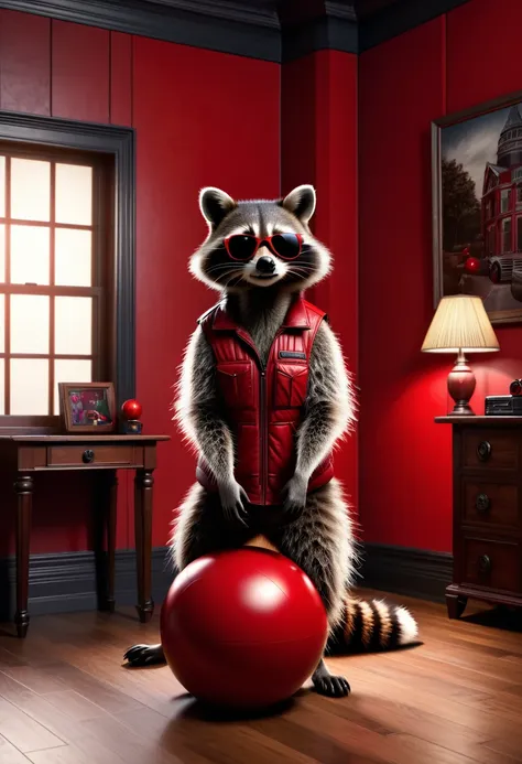 a realistic, detailed raccoon standing casually in his room, leaning on a large red ball, wearing sunglasses, gloomy resident ev...