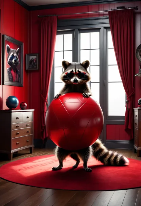 a realistic, detailed raccoon standing casually in his room, leaning on a large red ball, wearing sunglasses, gloomy resident ev...