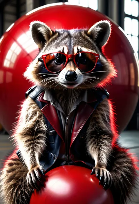 a photorealistic raccoon wearing sunglasses casually leaning on a large red ball in an industrial hall, detailed facial features...