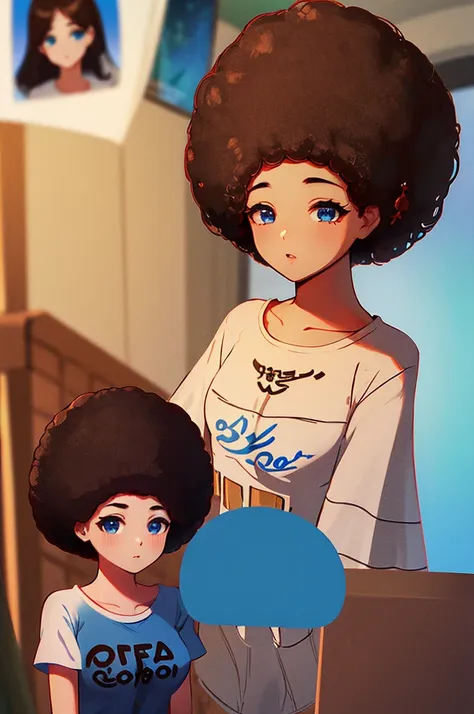 afro hair、８k, highest quality, masterpiece, ultra-detailed、afro hair、afro hair、brown hair、full lips、blue eyes、１８year-old beauty、...