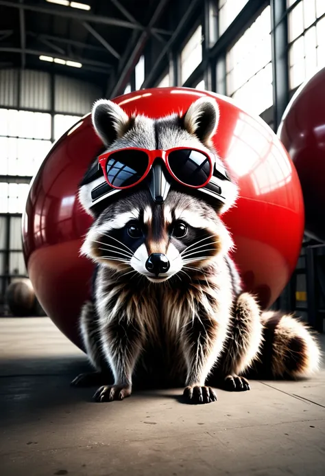 a photorealistic raccoon wearing sunglasses casually leaning on a large red ball in an industrial hall, detailed facial features...