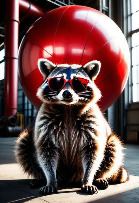 a photorealistic raccoon wearing sunglasses casually leaning on a large red ball in an industrial hall, detailed facial features...