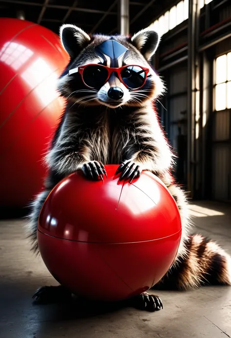 a photorealistic raccoon wearing sunglasses casually leaning on a large red ball in an industrial hall, detailed facial features...