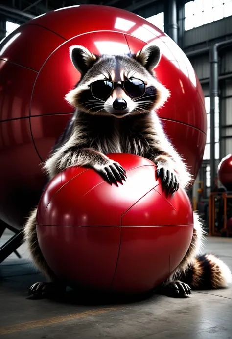 a photorealistic raccoon wearing sunglasses casually leaning on a large red ball in an industrial hall, detailed facial features...