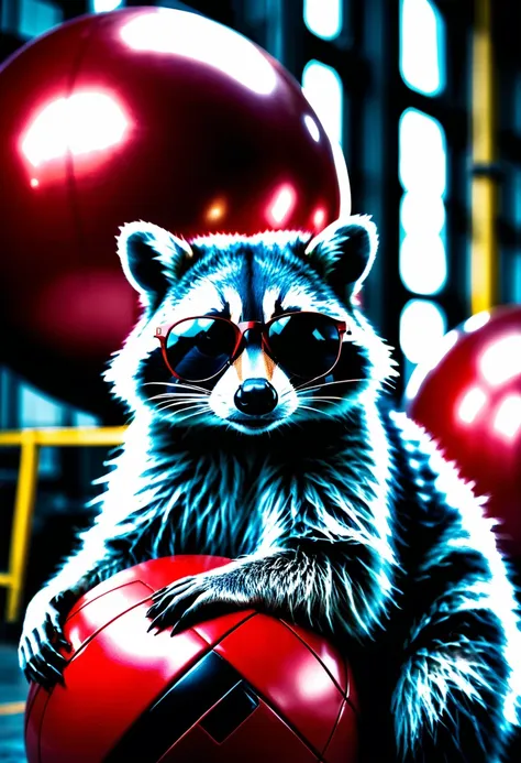 a photorealistic raccoon wearing black sunglasses casually leaning on a large red ball in an industrial hall, detailed facial fe...