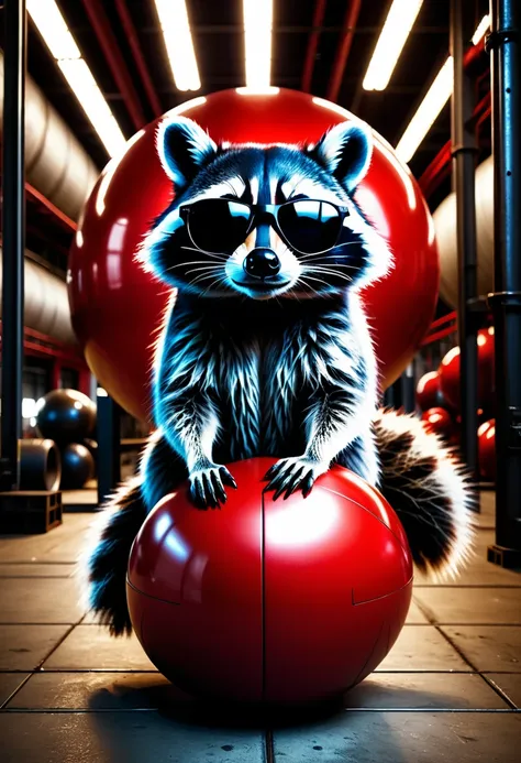 a photorealistic raccoon wearing black sunglasses casually leaning on a large red ball in an industrial hall, detailed facial fe...