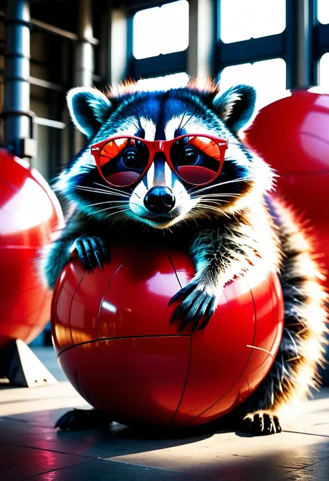 a photorealistic raccoon wearing sunglasses casually leaning on a large red ball in an industrial hall, detailed facial features...