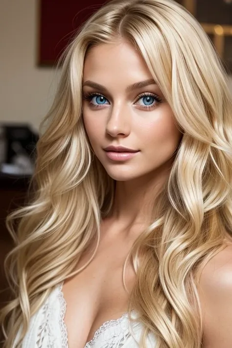 1 beautiful european blonde woman, 23 years, long wavy hair, she&#39;s a model, pose sexy, flirting with the camera, perfect fac...