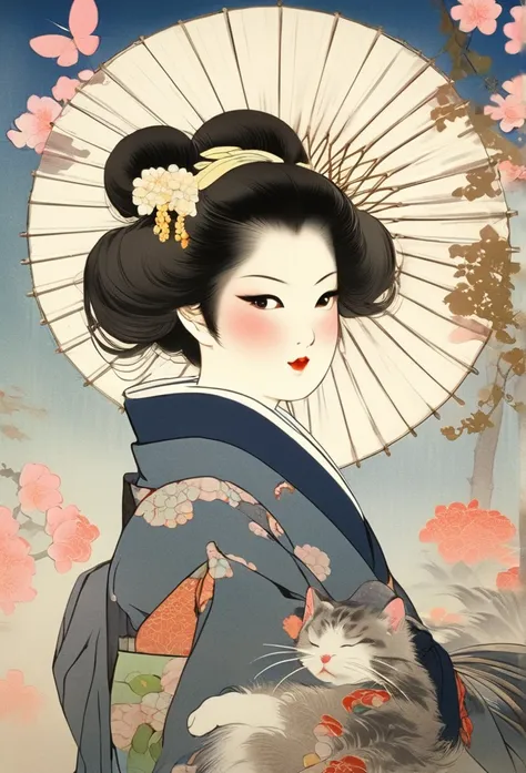 (Kosuke Fujishima style:1.2) , Hallucination, daydream , nightmare , Insane Dream , bokeh , erotica , romance , realistic mouse nymph and realistic cat , Womens hakama from the Meiji period , Petals fluttering down , Single eyelids, round nose, swollen che...