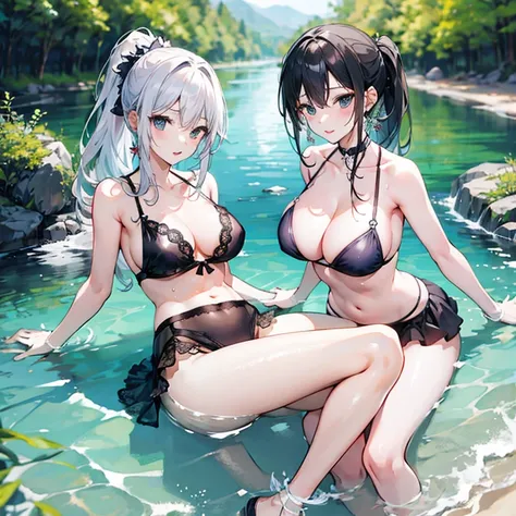 Ponytail sisters，sexy，Riverbank，Water Play