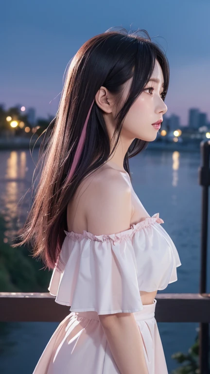 ((Highest quality)),((最high resolution)),((high resolution)),((detailed)),((High definition)),((8K)),((Perfect body)),((Perfect Face)),((Realistic)),((Real)),((Realistic)),((Beauty)),Wharf、Outdoor、night、City、night景、Black Hair、((Only the tips of the hair ar...