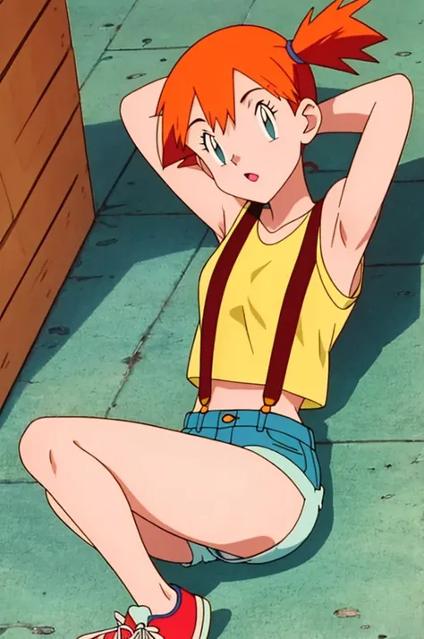 misty (pokemon), yellow shirt, sleeveless shirt, suspenders, denim shorts, sneakers, armpits, showing armpits, arms behind head, solo, masterpiece, 1girl, arms raised, small breasts, sexy pose, lying on floor, legs up, sexy ass