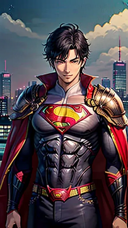 (highest quality, masterpiece, High resolution)、4K Anime Art、(1 handsome Japan man、20-year-old)、(cowboy_shot、Natural standing posture、)、 (Detailed depiction of a handsome face)、Happy smile、large chest、Short Hair、straight cut、 (Chinese armor style Superman ...