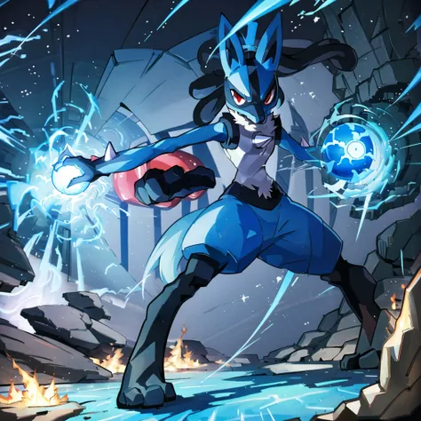 lucario, red eyes, attack stance, casting a blue energy ball, detailed, professional lights, spikes, anime, centered, outside, cave, blue fur, wolf, medium muzzle, ((sparks around body))